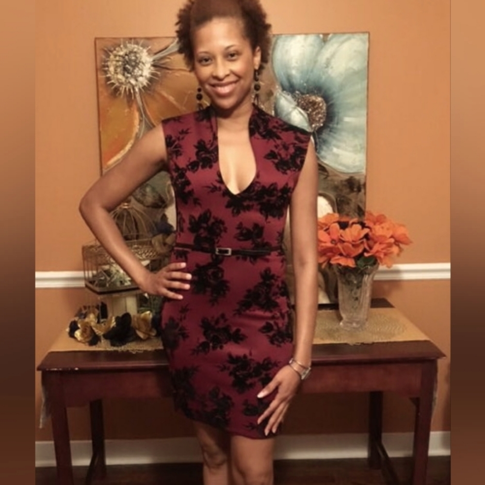 Burgundy & Black Floral Party Dress Junior Sz 9